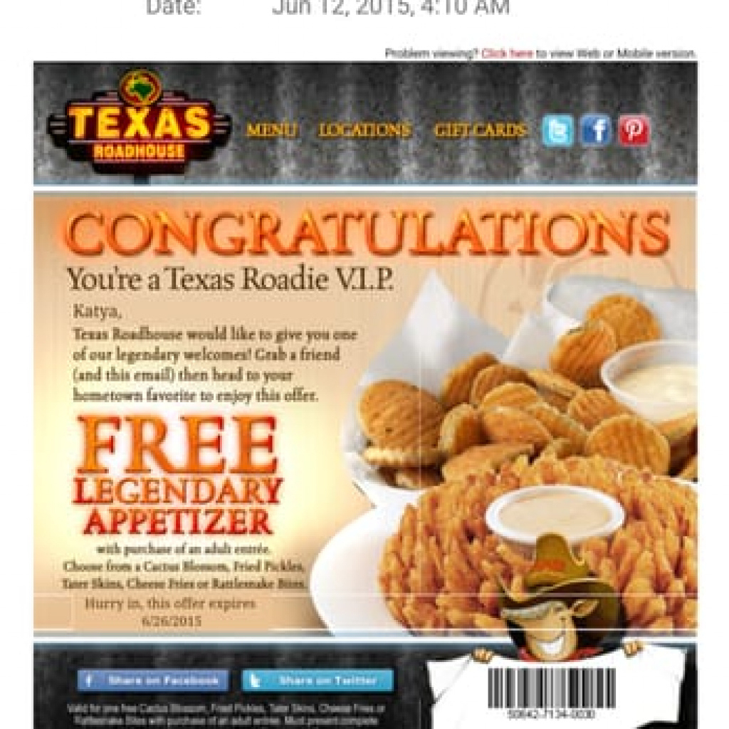 Texas Roadhouse Coupons Printable - Couponcabin Iphone App In Texas - Texas Roadhouse Free Appetizer Printable Coupon 2015