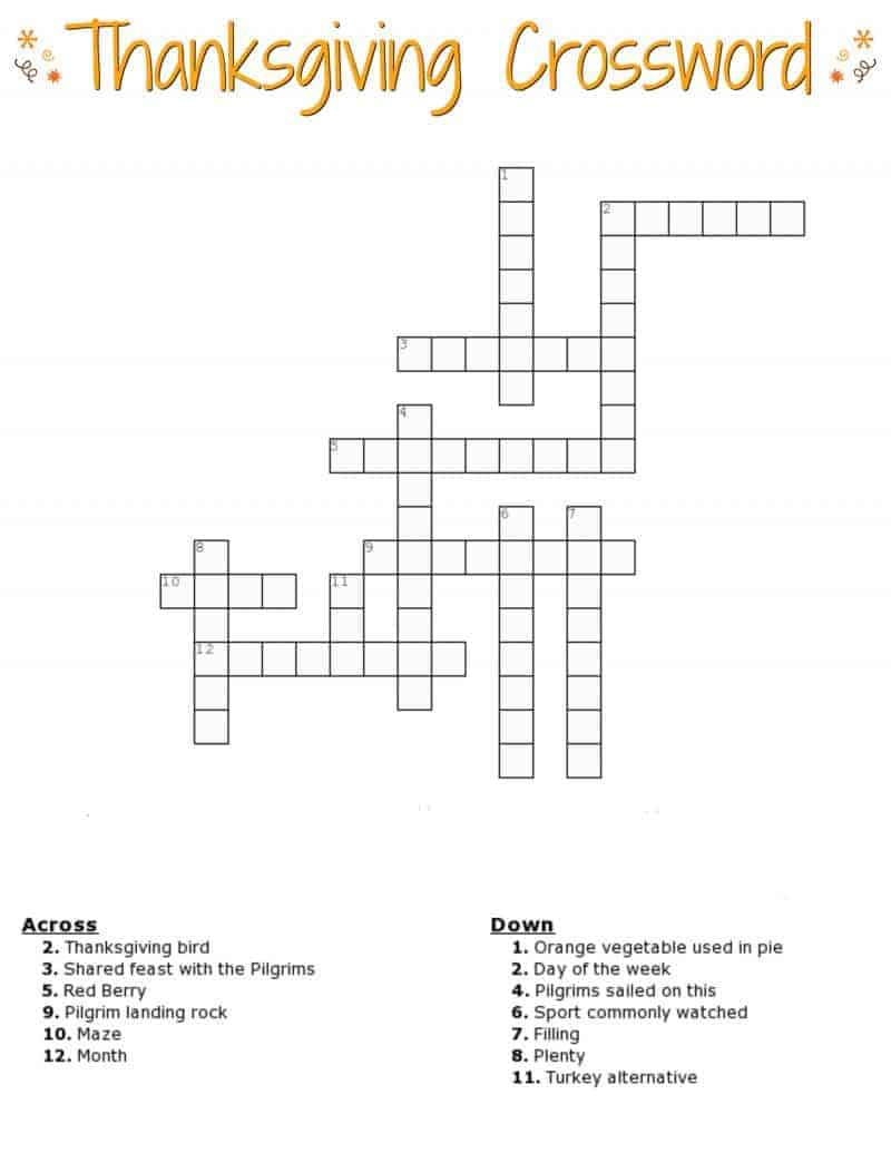 Thanksgiving Crossword Puzzles Printable Free Free Printable