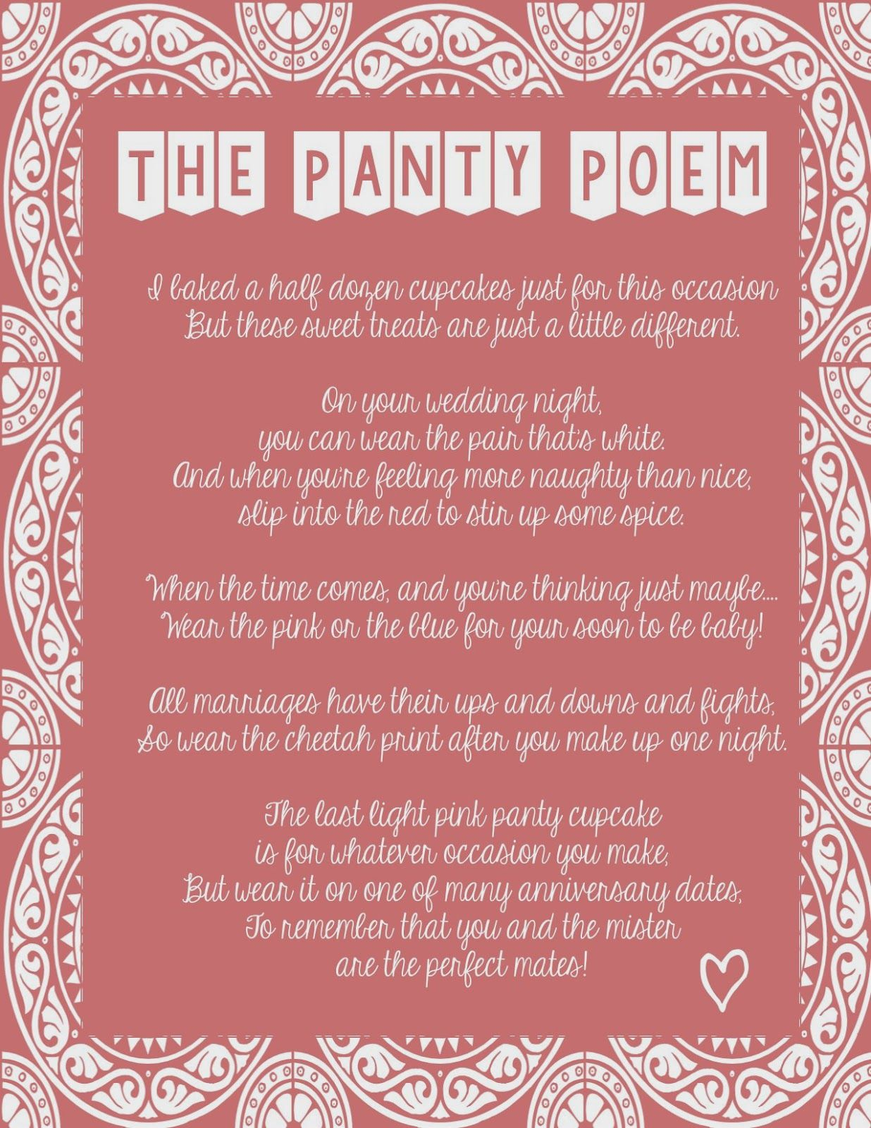 The Panty Cupcake Poem. Free Printable. Bachelorette Party Gift Idea - Free Printable Romantic Poems