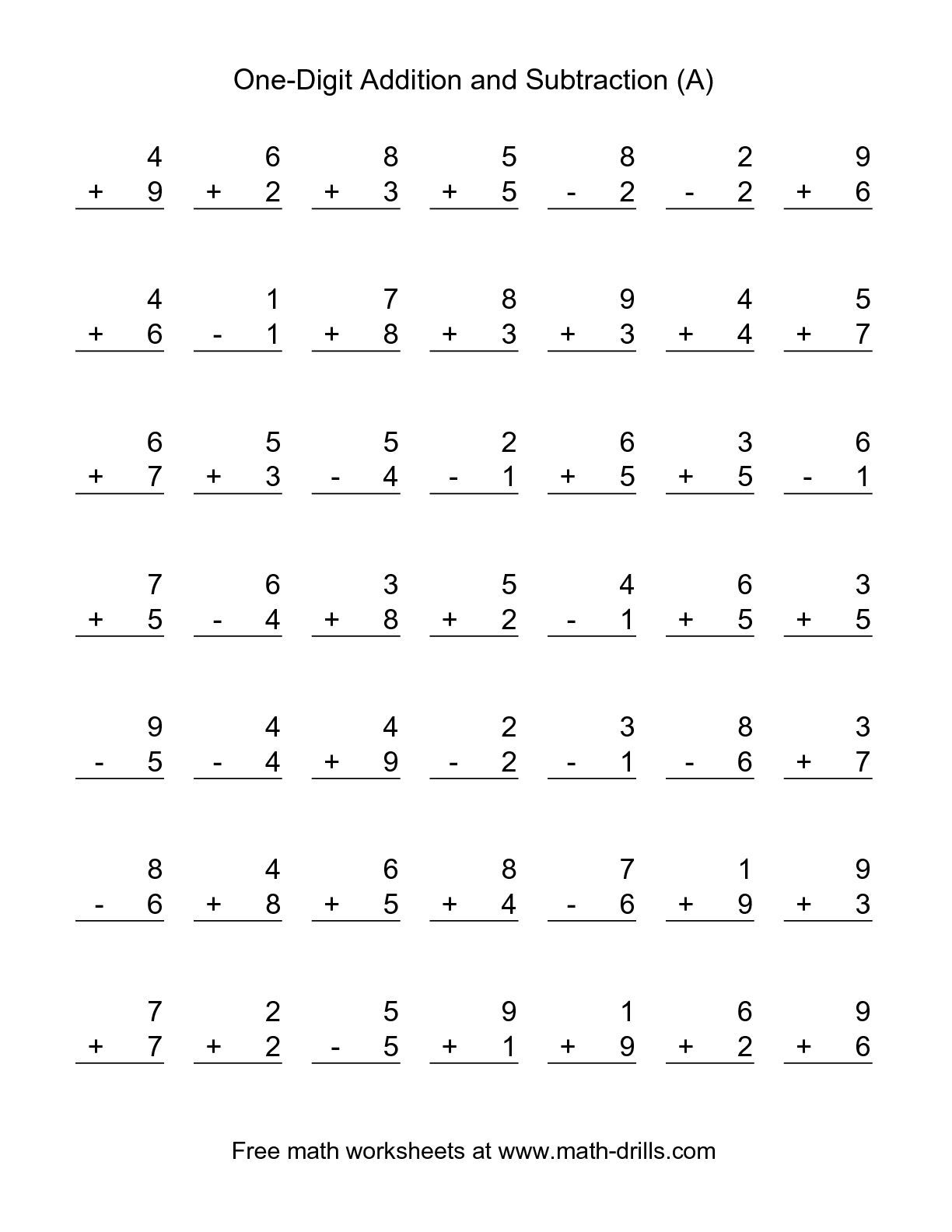 The Single-Digit (A) Math Worksheet From The Combined Addition And - Free Printable Addition And Subtraction Worksheets
