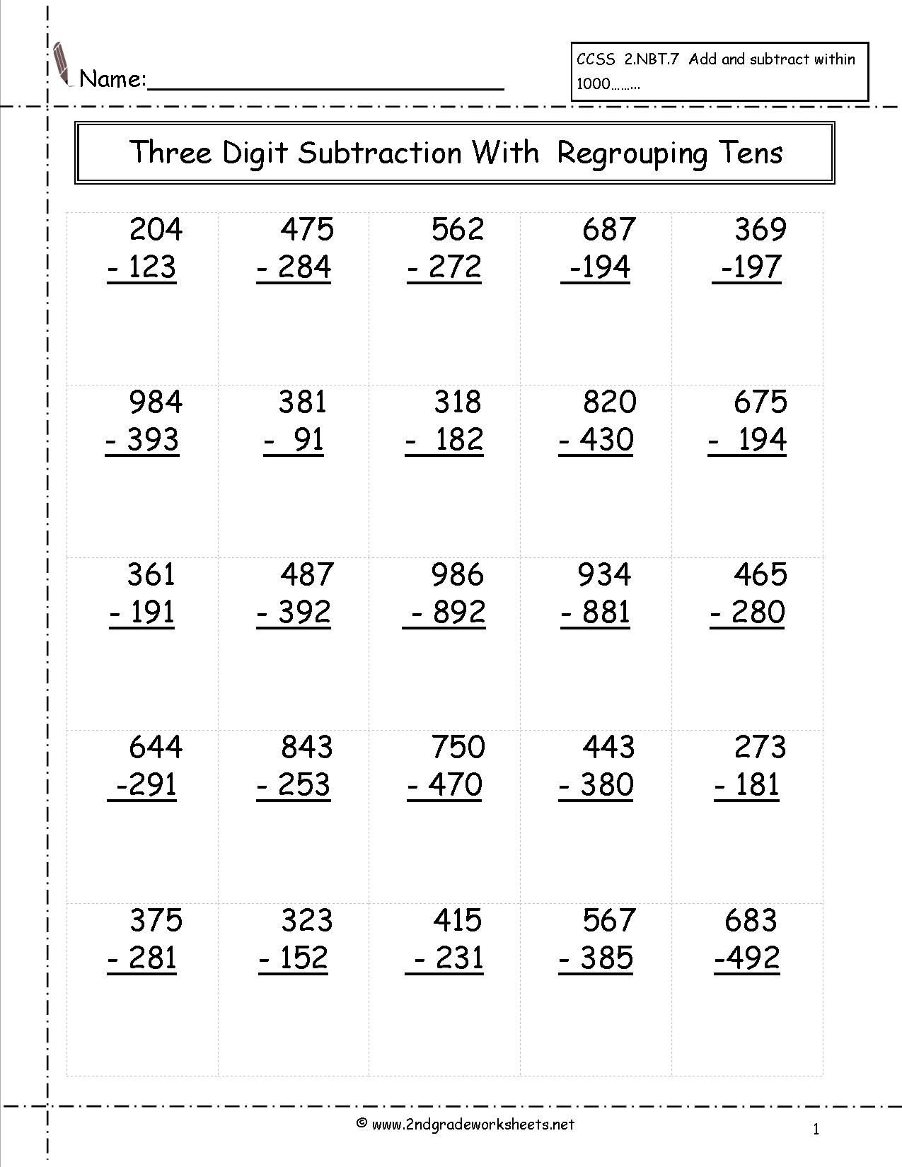 Three Digit Subtraction With Regrouping Worksheet | Learning - Free Printable 3 Digit Subtraction With Regrouping Worksheets