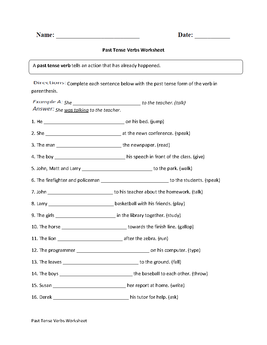 Verbs Worksheets | Verb Tenses Worksheets - Free Printable Past Tense Verbs Worksheets
