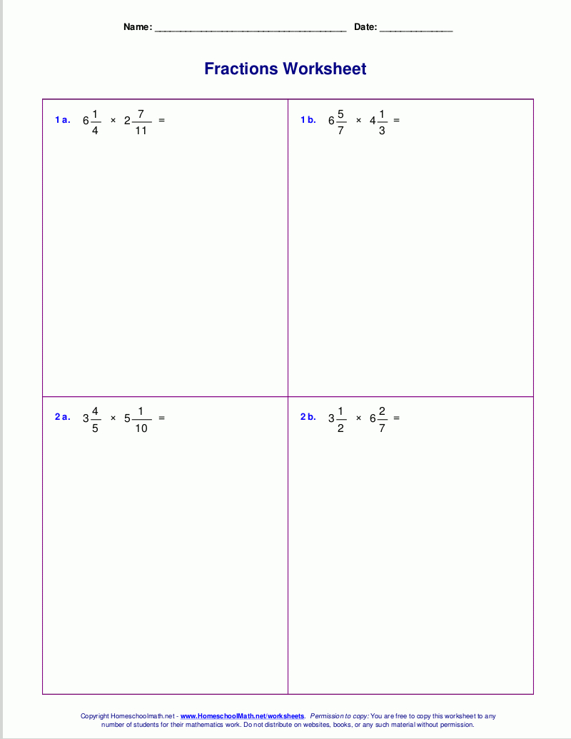 Worksheets For Fraction Multiplication - Free Printable Integer Worksheets Grade 7